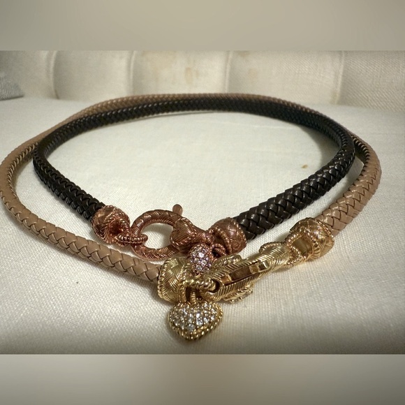 NWT QVC Heart Charm Necklaces Set | Gold & Rose Gold | Leather Cord Pair - Picture 2 of 6